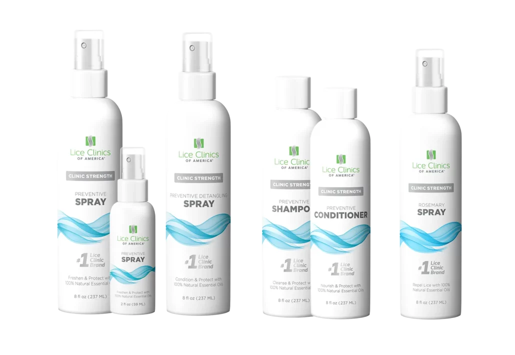 Lice Clinics of America preventive product line including spray, detangling spray, shampoo, conditioner, and rosemary spray bottles.